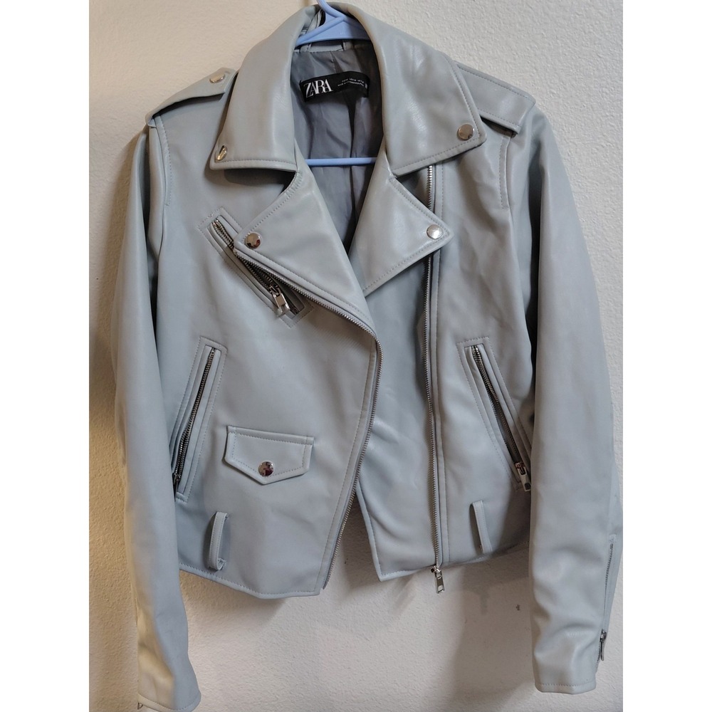 ZARA Women's Faux Leather Biker Moto Jacket Light Gray Size M Silver Zip